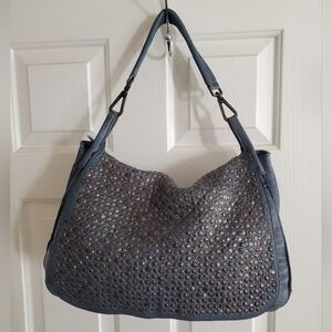 COSTANZA ROTA Italian Leather Messenger Bag Purse Blue Studs Large Flap Hobo